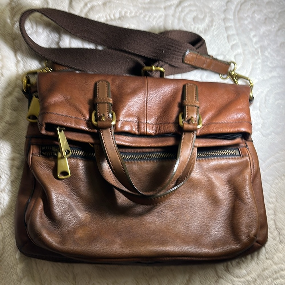 Fossil dark Tan/brown large Leather Shoulder Bag with handles